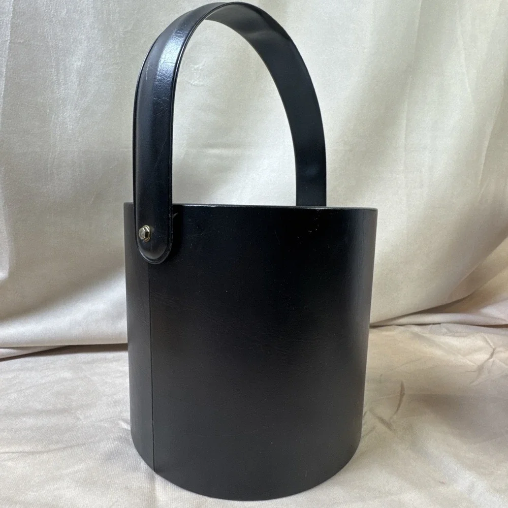 Vintage Black Faux Leather Ice Bucket with Lid‎ and Handle Mid Century Barware